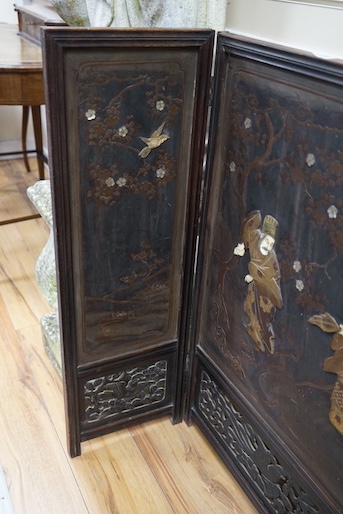 A Japanese folding wood and shibayama screen, height 89cm